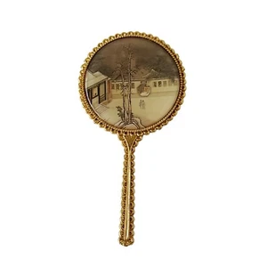 Vintage Miniature Gold Tone Hand Mirror w/ Asian Scene - Doll Size ~ 3 3/4" - Imagen 1 de 11