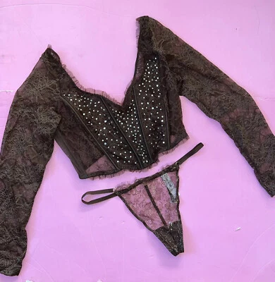 Victoria's Secret M длинным рукавом корсет верхний бюстгальтер XL стринги коричневый кружева украшенный - Изображение 1 из 4