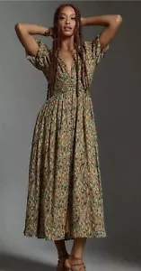 Anthropologie The Katerina Button Front Dress Size 10 Green Brown Gold - Picture 1 of 12
