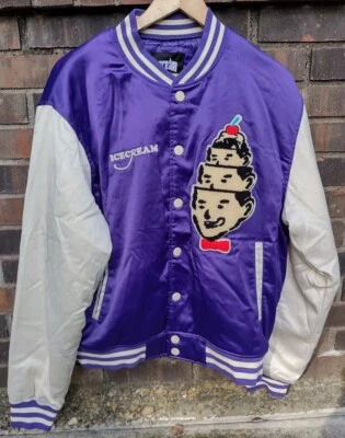 Chaqueta Universitaria Icecream L Púrpura Blanca Parche Chenilla Satinado Acolchado Ropa de Calle Foto 1 de 4