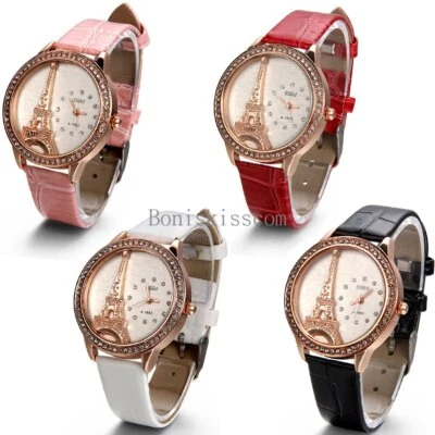 Leather Band Round Quartz Analog Paris Eiffel Tower Casual Ladies Wrist Watch - image 1 of 4