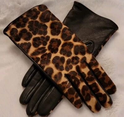 J McLaughlin Camilla кожи икры леопард перчатки шерсти подкладка размер Med новый с Ярлыками - Изображение 1 из 4