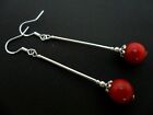 A Pair Of Long Red Coral Bead  Earrings With 925 Solid Silver Hooks. New.. 