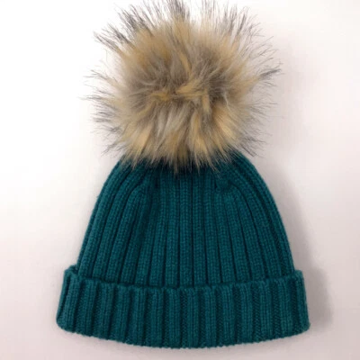 J. Crew Green Rib Knit Cuff Winter Hat Big Faux Fur Pom Pom - Image 1 of 4