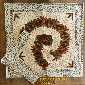 NWOT Lot of 2 Raised Crewel Embroidey Canvas Pillow Covers Border Red Green Gold - Picture 1 of 10