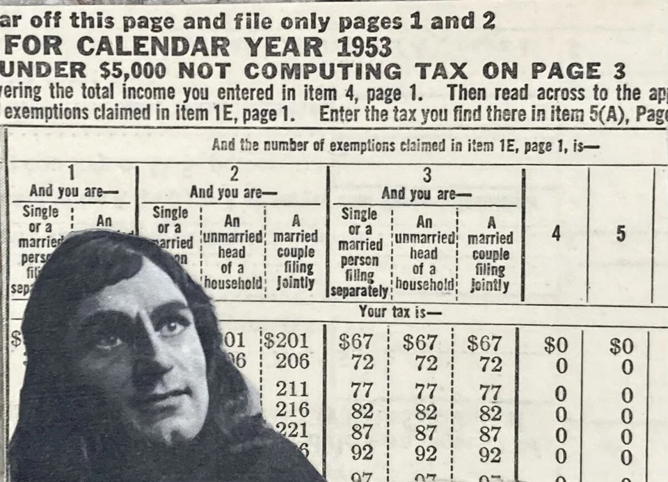 ACEO Original/Firmado/ÚNICO- Clip de revista vintage en blanco y negro/tabla de impuestos "Temporada de impuestos 1953" Foto 1 de 1