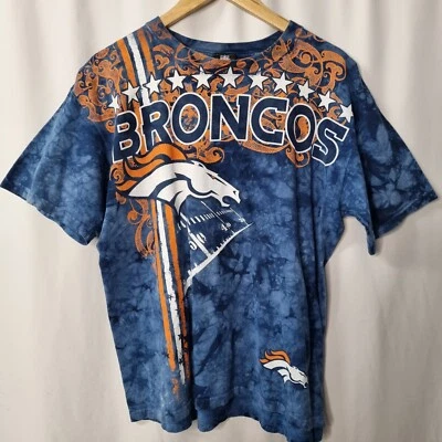 VTG Rare Denver Broncos NFL Team Tie Dye T Shirt Blue All Over Print Y2K Sz M - Image 1 of 4