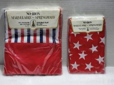 VINTAGE SPRINGMAID MARVELAIRE DOUBLE FLAT SHEET RED WHITE BLUE STRIPES W/CASES - Image 1 of 4