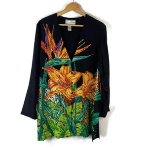 VTG Diane Gilman Womens Silk Top Size 1X Black Floral Sequins Button V-Neck - Picture 1 of 9