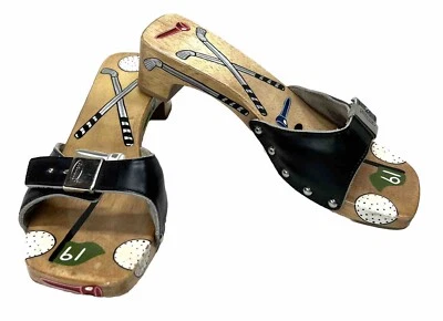 Редкие женские деревянные сандалии/шлепанцы Dr. SCHOLL'S на тему гольфа размер 6 кожа - Изображение 1 из 4