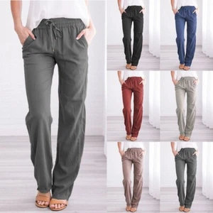 Women Cotton Linen Trousers Ladies Summer Casual Elastic Waist Bottoms Pants UK - Picture 1 of 44