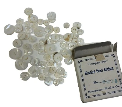 Vtg Lot/68 Bluebird Pearl Buttons Original Box No.6005 Montgomery Ward 4 Sizes - Image 1 of 4