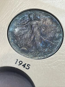 1945 WALKING LIBERTY HALF DOLLAR/ TONED Dark Rainbow - Picture 1 of 2
