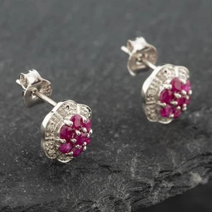 Second Hand White Gold 0.68ct Ruby & Diamond Cluster Stud Earrings 43171098 - Picture 1 of 2