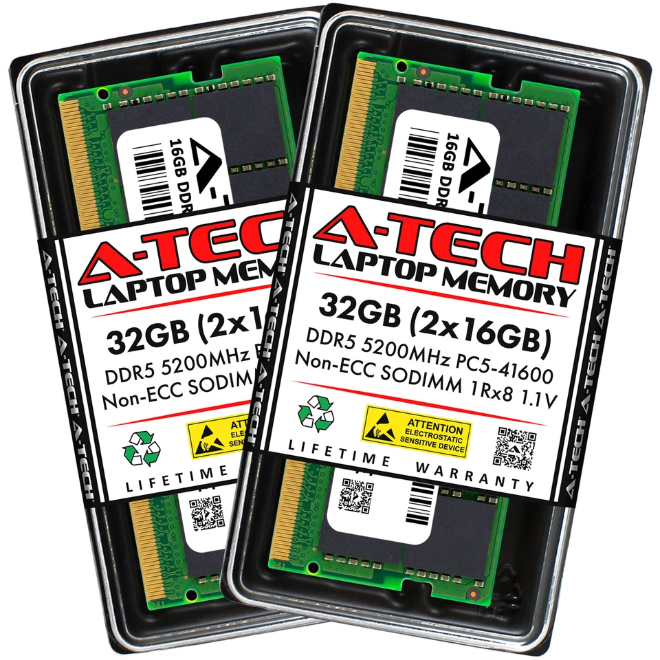 A-Tech 32GB 2x 16GB PC5-41600 DDR5 5200 MHz Non-ECC SODIMM Laptop Memory RAM x2 - Image 1 of 4