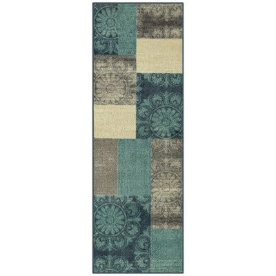 Alfombra de corredor de pasillo interior Medallion Block Teal, 1'8" x 5' Foto 1 de 4