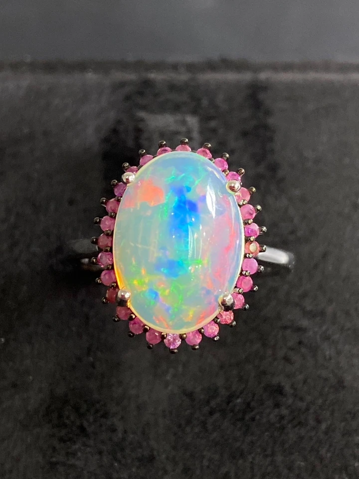 NATURAL FIRE OPAL 14X10 RUBY DIAMOND CUT STERLING SILVER 925 RING - image 1 of 4