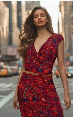 Vestido Lauren Ralph Lauren Floral Midi Acanalado Gorra Cinturón Elastizado Vino Talla Mediana Foto 1 de 4