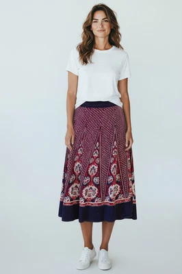 Falda envolvente de algodón con estampado de bloques indio vintage boho hippie floral azul rojo midi 70 Foto 1 de 4