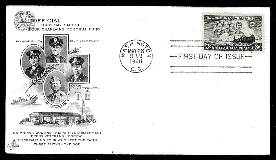 956 3c Stamp (1948) HEROIC FOUR CHAPLAINS MEMORIAL FUND FDC BY ART CRAFT (RARE) - Image 1 of 1