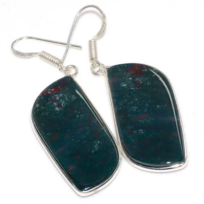 Bloodstone 925 镀银手工耳环 2.1 英寸珠宝礼品 MJ — 第 1/3 张图片