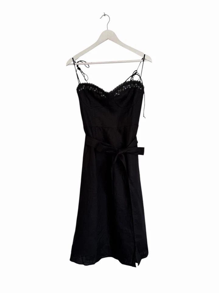Reformation Kieryn Linen Dress Black Floral Embroidered Belt £278 Size 6 UK 10 - Image 1 of 4