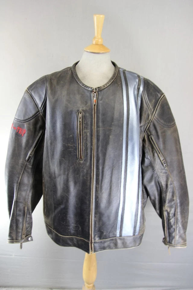 CHAQUETA MOTERA POWER TRIP MARRÓN Y PLATA CUERO ENVEJECIDO + FORRO TÉRMICO 52"/3XL Foto 1 de 4