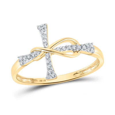 10K Yellow Gold Womens Round Diamond Cross Infinity Band Ring 1/10 Cttw - Image 1 of 2