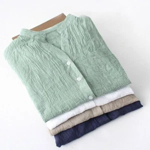 Women Long Sleeve Casual Shirt Lady Office Linen Button Plain Tops Blouse Tees . - Picture 1 of 21