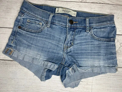 Abercrombie & Fitch Booty Shorts Denim 00/24 Lighter Wash Cuffed Frayed - Image 1 of 4