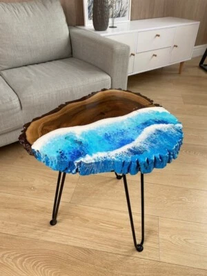 OCEAN WAVE EPOXY & CUSTOM WOOD END & SIDE TABLE, COFFEE & CENTER TABLE WITH LEGS - Image 1 of 4