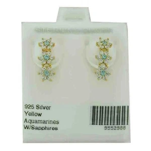 Lab Created Aquamarine & White Sapphires Earrings .925 Silver (Yellow Tone) - Picture 1 of 3