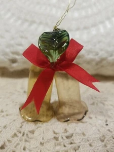 Vintage  Blown Yellowish Glass BELLS With Glass Leaf  Ornament Xmas Tree Decor - Picture 1 of 10