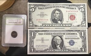 Constantine the Great Era Ancient Roman + 5 Dollar 1963 Red Seal & 1957 $1 Bill