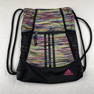 Adidas Drawstring Bag Backpack Women's Colorful Triple Stripe Logo Zip Pocket - Picture 1 of 12