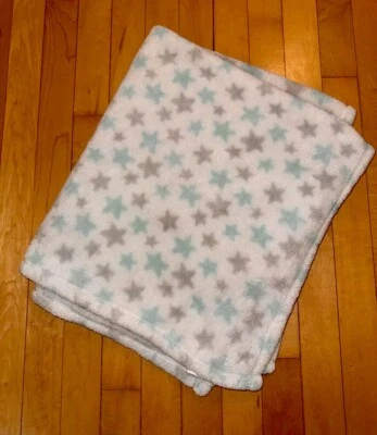 Baby Gear Baby Blanket Teal Blue-Green Gray White Stars Soft Fleece Lovey - Image 1 of 4
