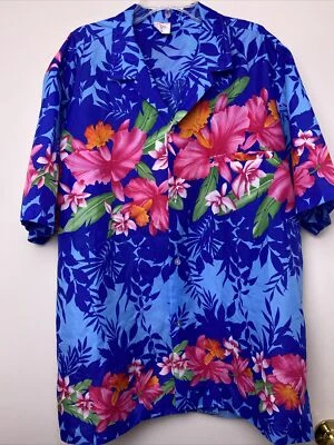 Vtg ROYAL HAWAIIAN CREATIONS Blue Pink Tropical Men Short Sleeve Button Shirt XL - Image 1 of 4