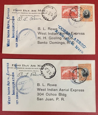 Haiti, 1927, Two West Indian Aerial Express Covers, Signed by Pilot B.L. Rowe Cover