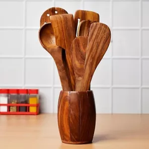 Juego de 7 cucharas de cocina y cucharas marrones para servir y cocinar de madera - Imagen 1 de 6