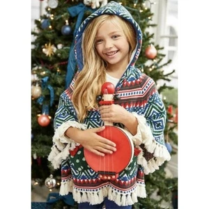 MATILDA JANE Hooded Fringe Poncho Boho Fair Isle Knit Cape Big Girl Size 14 - Picture 1 of 14