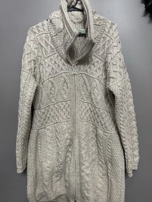 Suéter Aran Crafts Mujer Beige Lana Manga Larga Cuello Extendido Cremallera Completa Talla L Foto 1 de 2