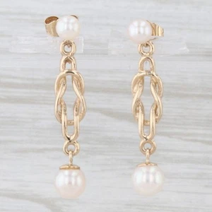 Vintage Saltwater Cultured Pearl Dangle Earrings 9k Yellow Gold Knot Drops - Picture 1 of 6