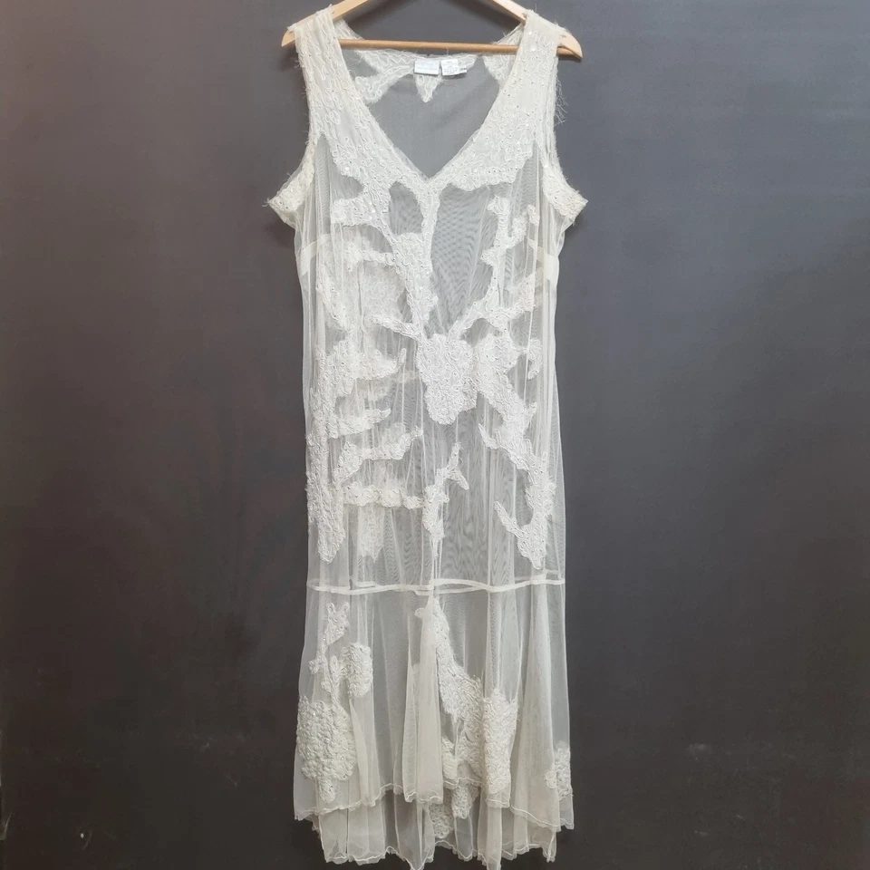 VTG Sheer Mesh Lace Overlay Dress Gown Wedding Sequin Drop Waist Flapper Sz 18 - Image 1 of 4