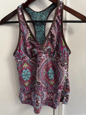 Athleta Tankini Swimsuit Top Womens Medium Paisley Racerback Athletic brown blue - Image 1 of 3