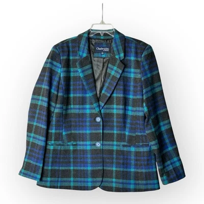 Blazer Chadwicks Feminino Tamanho 18 XL Jaqueta Xadrez Tartan Mistura de Lã Verde Azul - Imagem 1 de 4