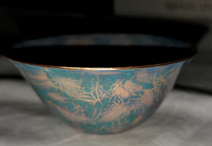 Miniature Enamel on Copper Bowl Signed 2006 Abstract Asian Design 4"x 1 1/2" - Picture 1 of 10