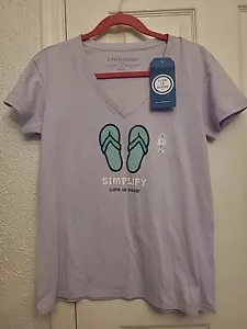 Life Is Good Tee T-Shirt Women Small Purple V-Neck Simplify Pair Flip Flops - Picture 1 of 6