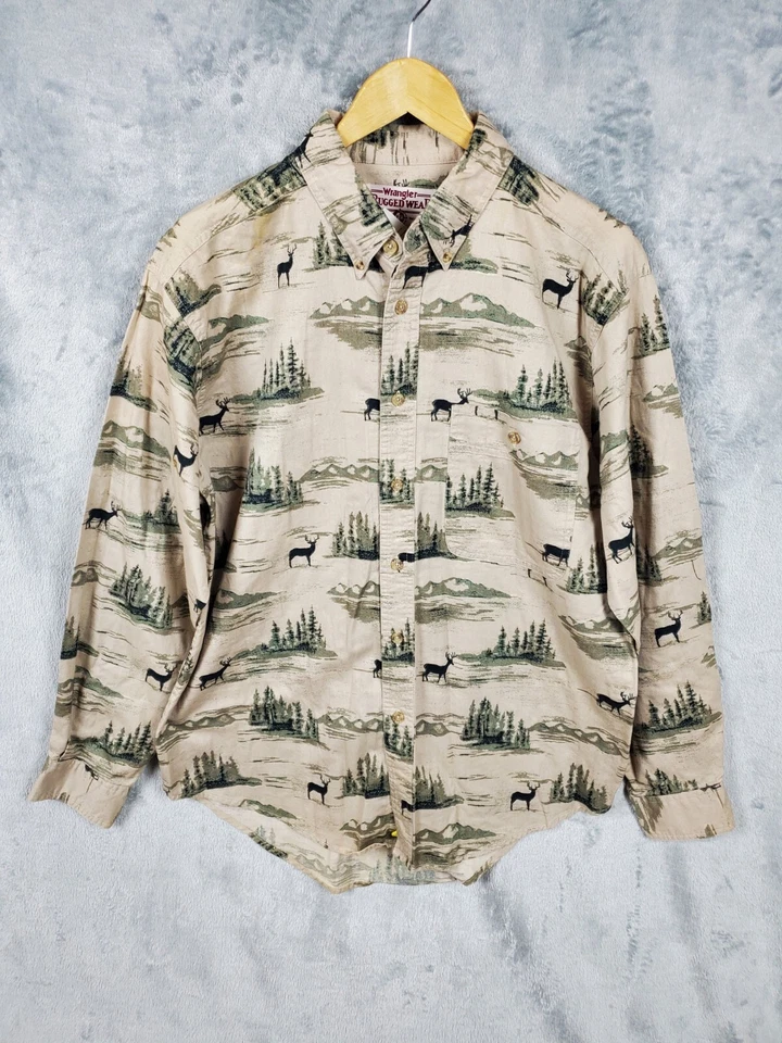 Wrangler Western Shirt Mens Large Beige Button Down Deer Print Rugged Wear  - Image 1 of 4