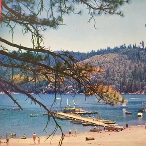 California Postcard - People At Pinecrest Lake Resort Cars Sailboat Beach Pier  - Picture 1 of 4