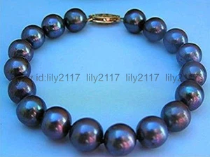 Natural 9-10MM GENUINE TAHITIAN BLACK FRESHWATER CULTURED PEARL BRACELET 7.5" - Picture 1 of 6